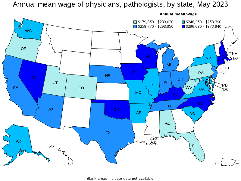 Map of annual mean wages of physicians, pathologists by state, May 2022