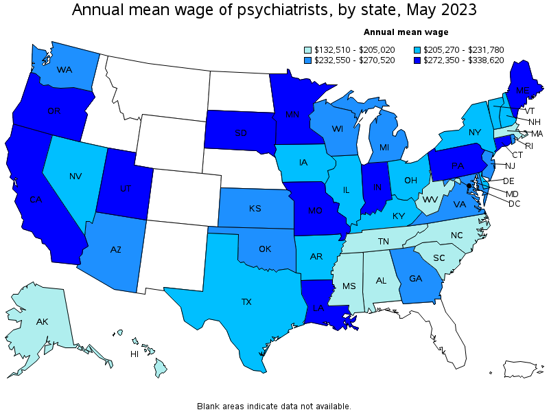 Map of annual mean wages of psychiatrists by state, May 2021