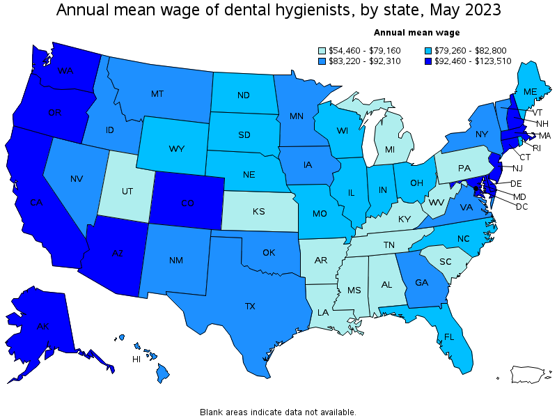 Map of annual mean wages of dental hygienists by state, May 2021