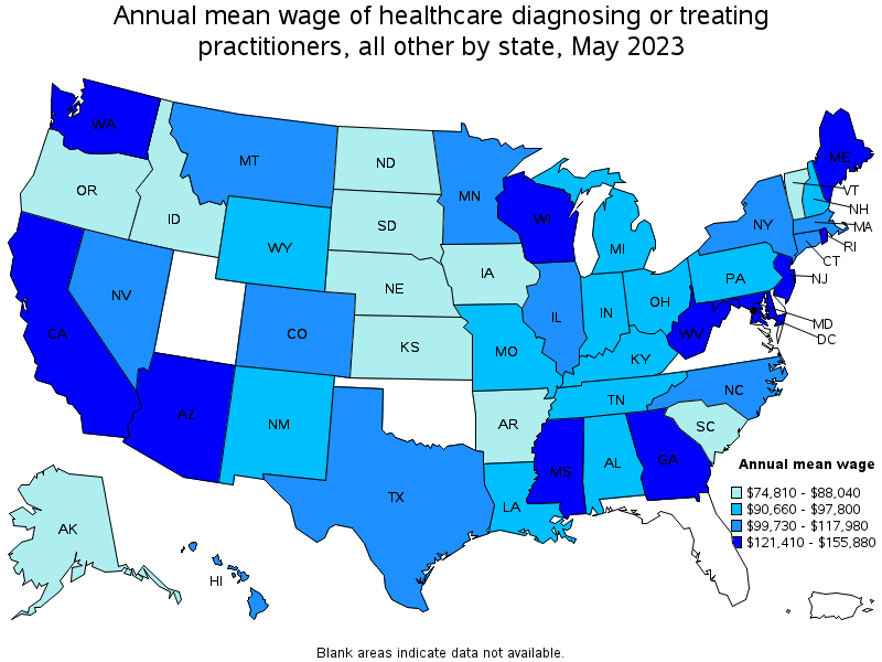 Map of annual mean wages of healthcare diagnosing or treating practitioners, all other by state, May 2021