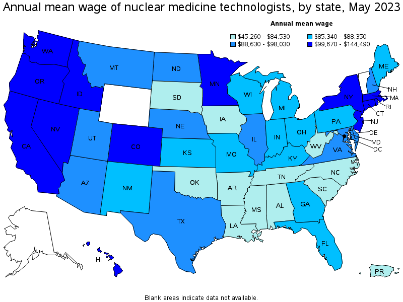 Map of annual mean wages of nuclear medicine technologists by state, May 2021