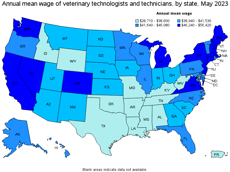 Map of annual mean wages of veterinary technologists and technicians by state, May 2021