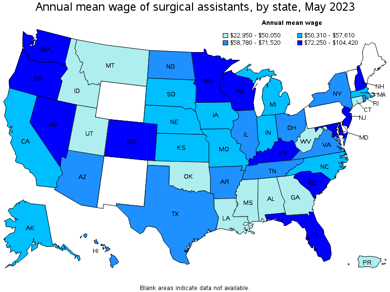 Map of annual mean wages of surgical assistants by state, May 2021