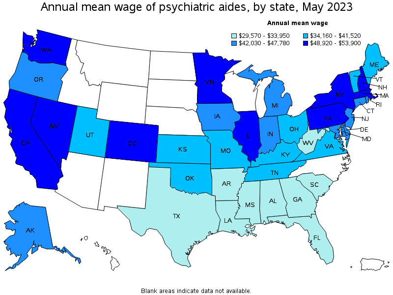 Map of annual mean wages of psychiatric aides by state, May 2021
