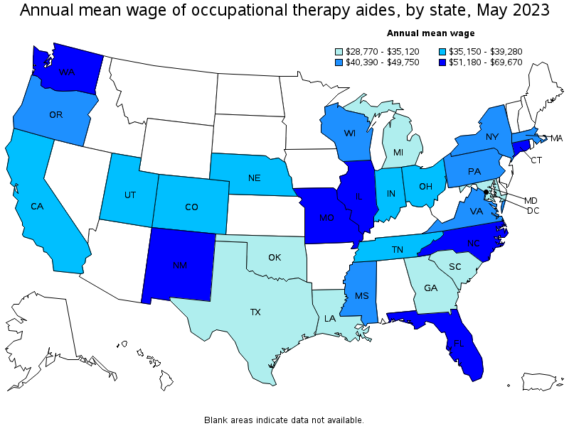 Map of annual mean wages of occupational therapy aides by state, May 2021