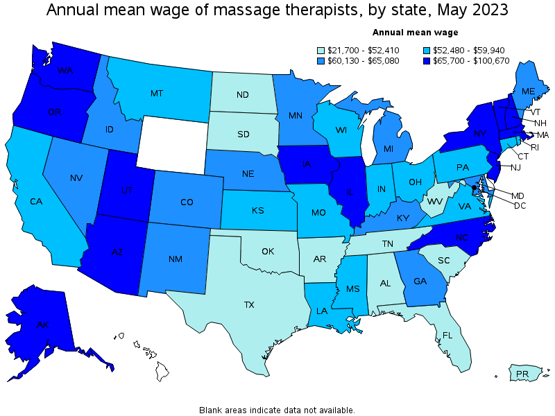 Map of annual mean wages of massage therapists by state, May 2022