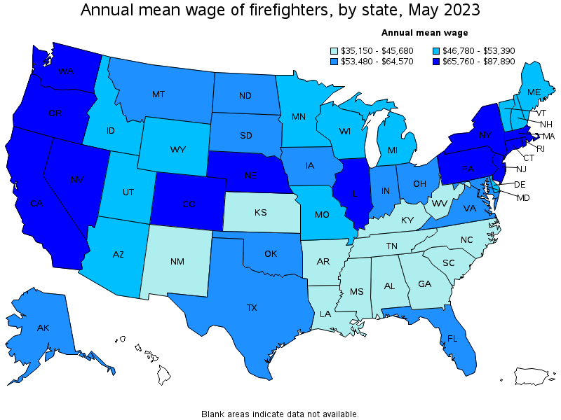 Map of annual mean wages of firefighters by state, May 2022