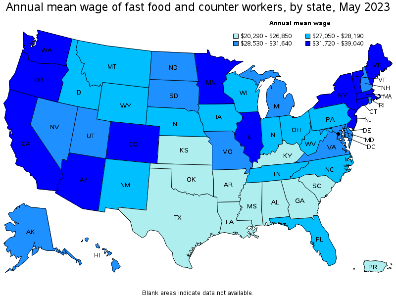 Map of annual mean wages of fast food and counter workers by state, May 2022