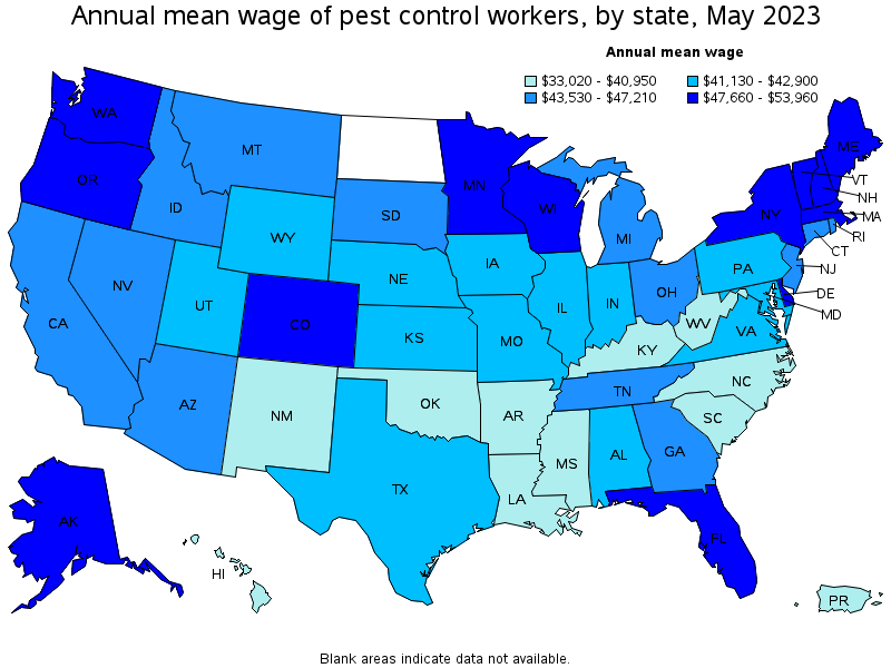 Map of annual mean wages of pest control workers by state, May 2022