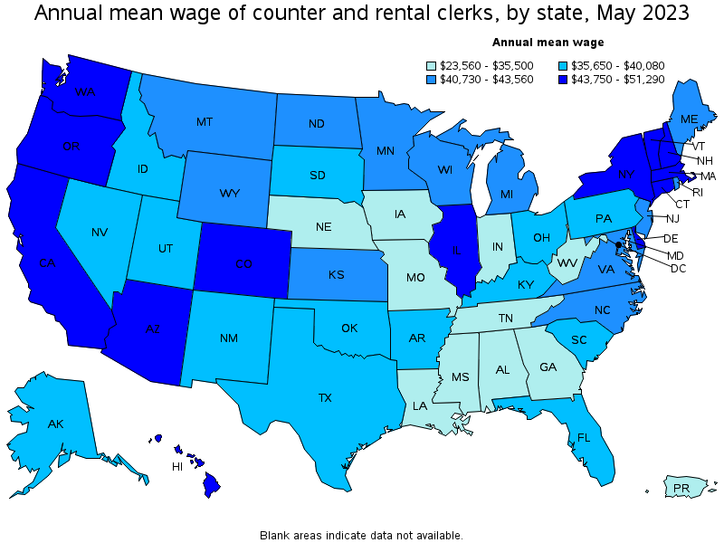 Map of annual mean wages of counter and rental clerks by state, May 2022