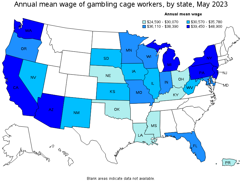 Map of annual mean wages of gambling cage workers by state, May 2022