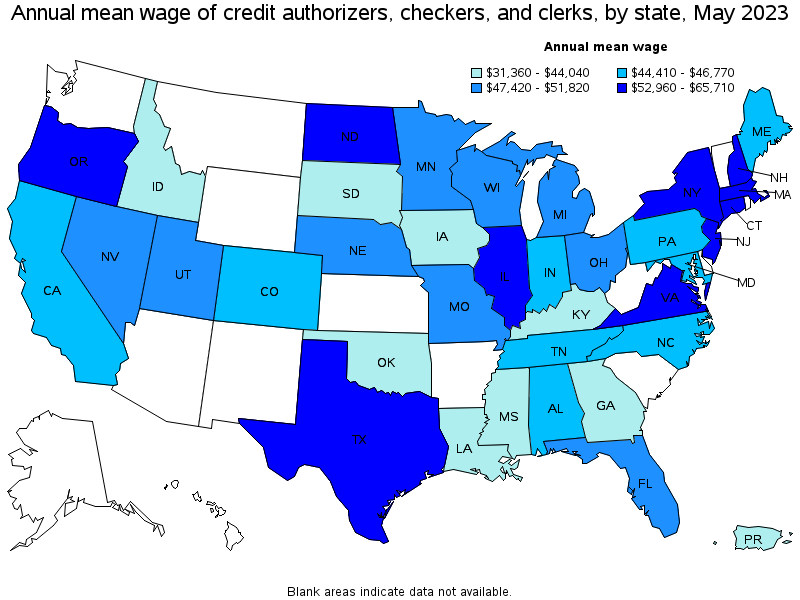 Map of annual mean wages of credit authorizers, checkers, and clerks by state, May 2021