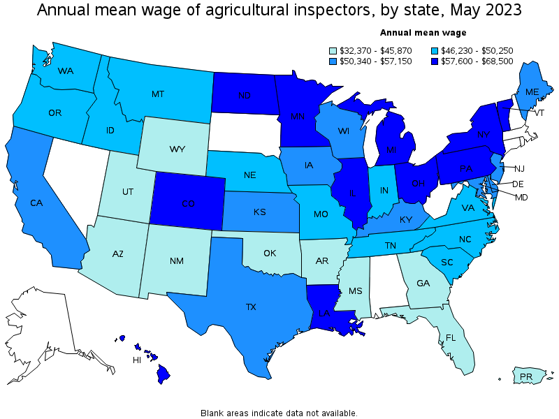 Map of annual mean wages of agricultural inspectors by state, May 2021