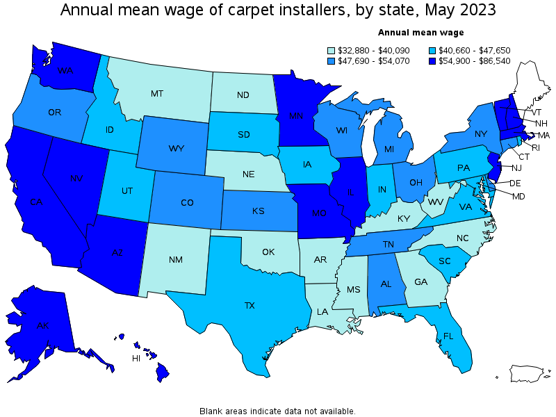 Map of annual mean wages of carpet installers by state, May 2021