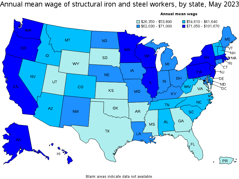Map of annual mean wages of structural iron and steel workers by state, May 2021