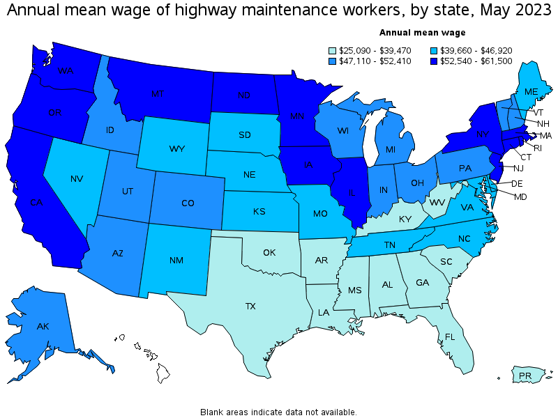 Map of annual mean wages of highway maintenance workers by state, May 2022
