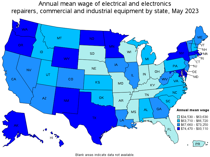 Map of annual mean wages of electrical and electronics repairers, commercial and industrial equipment by state, May 2021
