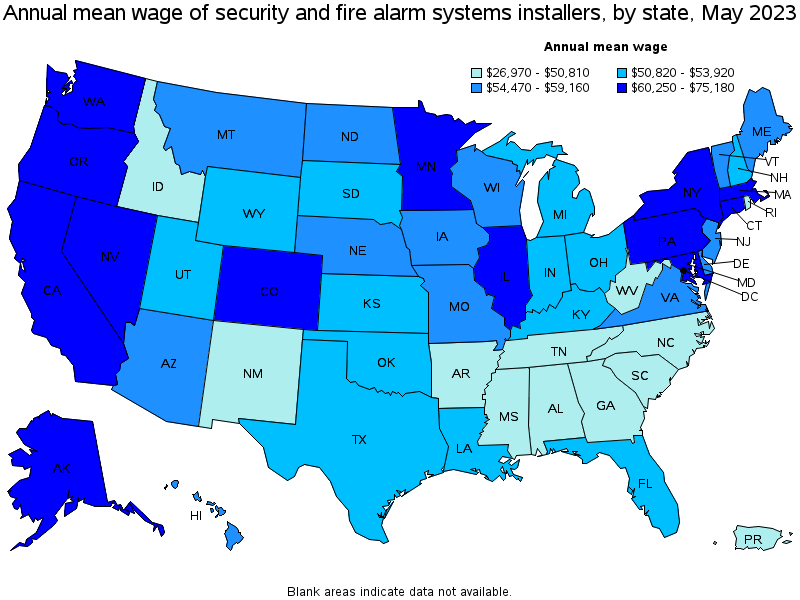 Map of annual mean wages of security and fire alarm systems installers by state, May 2021