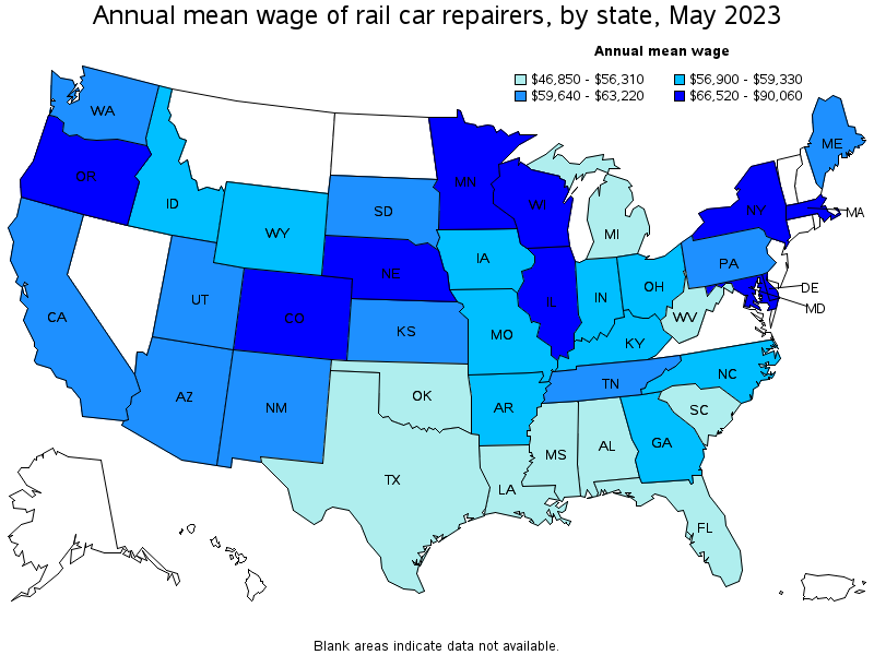 Map of annual mean wages of rail car repairers by state, May 2022