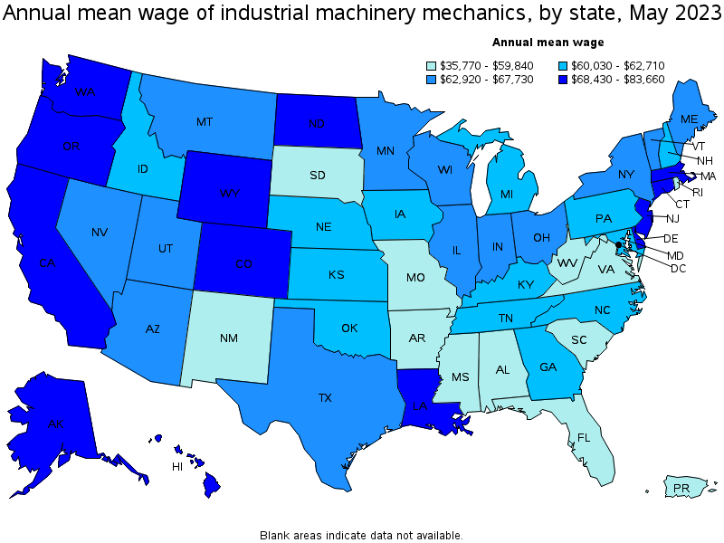 Map of annual mean wages of industrial machinery mechanics by state, May 2021