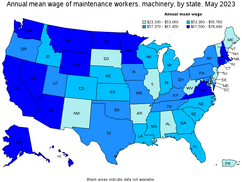 Map of annual mean wages of maintenance workers, machinery by state, May 2021