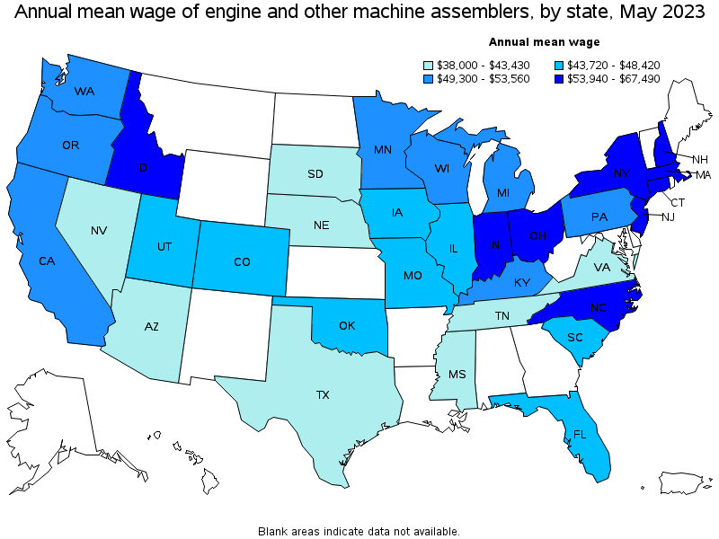 Map of annual mean wages of engine and other machine assemblers by state, May 2022