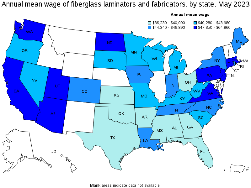 Map of annual mean wages of fiberglass laminators and fabricators by state, May 2022