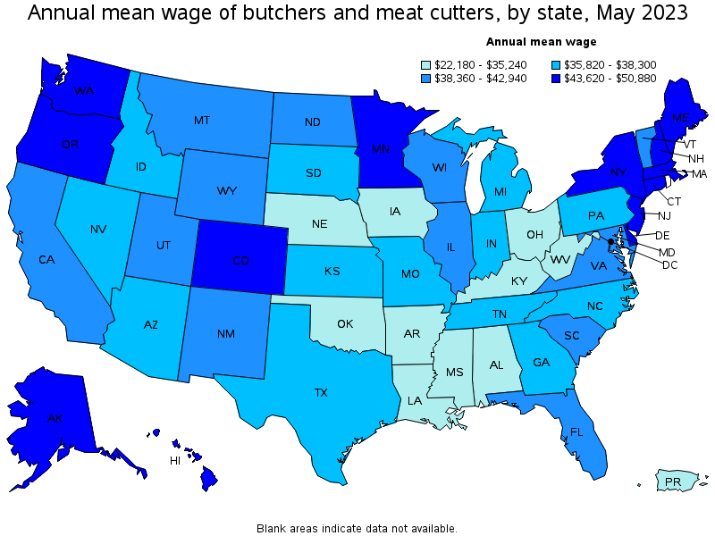 Map of annual mean wages of butchers and meat cutters by state, May 2021