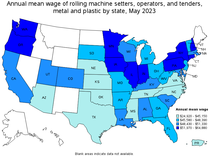 Map of annual mean wages of rolling machine setters, operators, and tenders, metal and plastic by state, May 2021