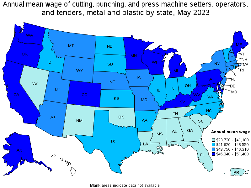 Map of annual mean wages of cutting, punching, and press machine setters, operators, and tenders, metal and plastic by state, May 2022