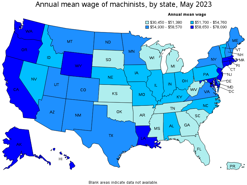 Map of annual mean wages of machinists by state, May 2022