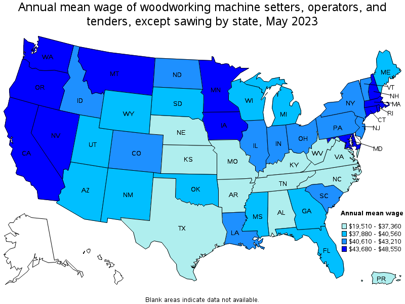 Map of annual mean wages of woodworking machine setters, operators, and tenders, except sawing by state, May 2022