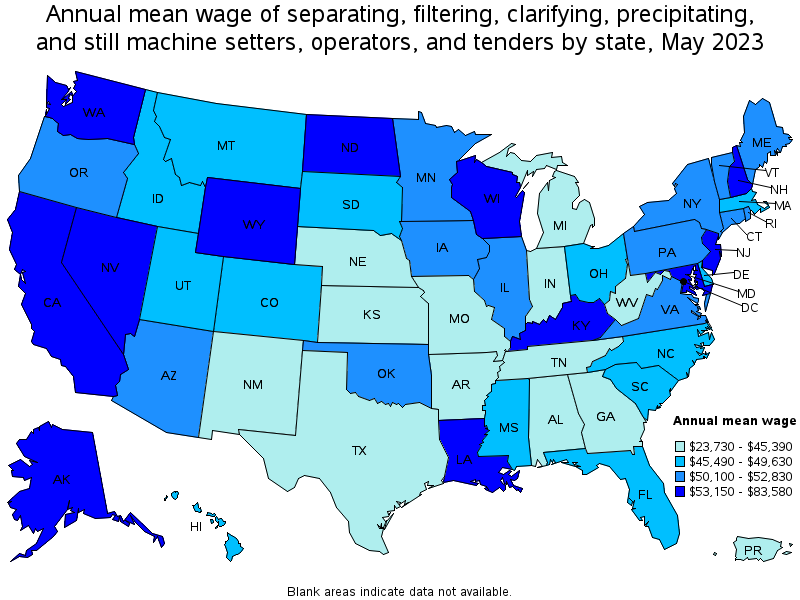 Map of annual mean wages of separating, filtering, clarifying, precipitating, and still machine setters, operators, and tenders by state, May 2021