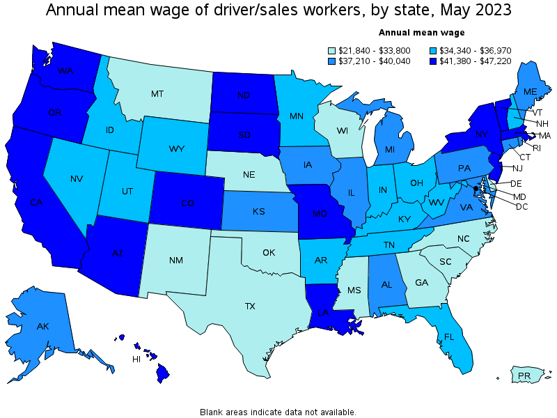 Map of annual mean wages of driver/sales workers by state, May 2021