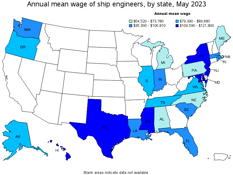 Map of annual mean wages of ship engineers by state, May 2022