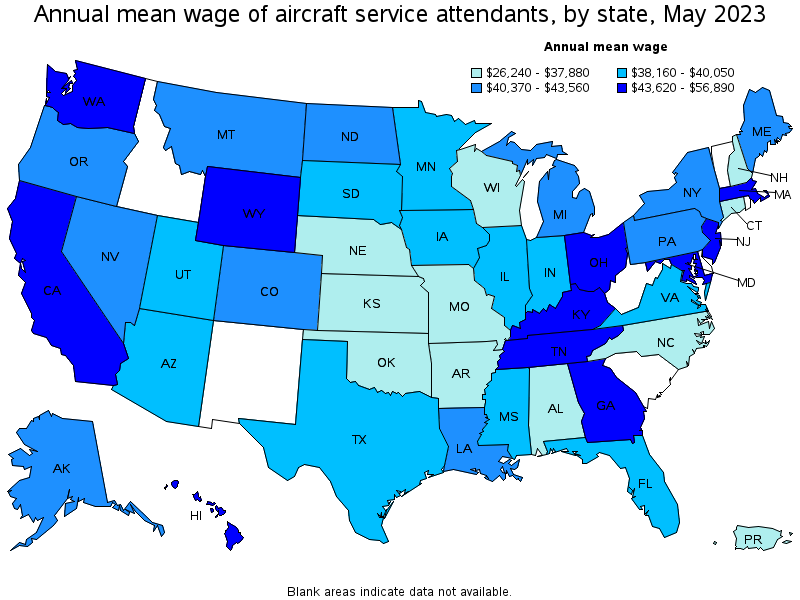 Map of annual mean wages of aircraft service attendants by state, May 2022