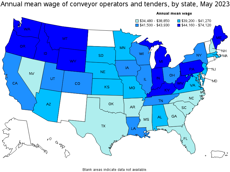 Map of annual mean wages of conveyor operators and tenders by state, May 2021
