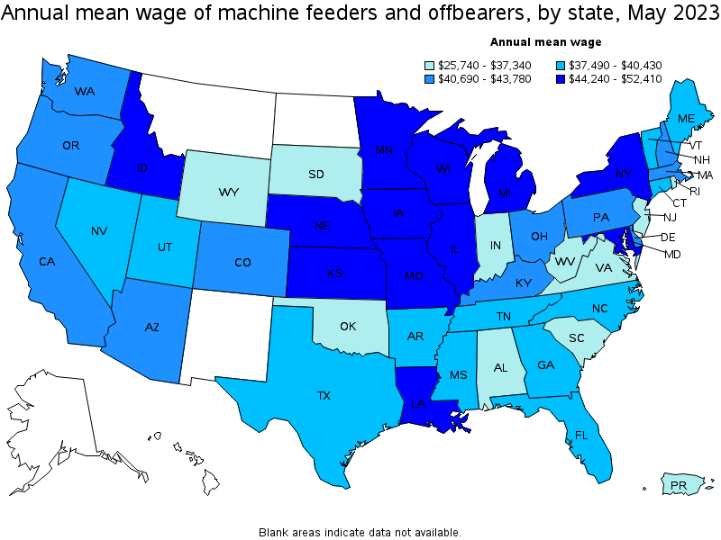 Map of annual mean wages of machine feeders and offbearers by state, May 2021