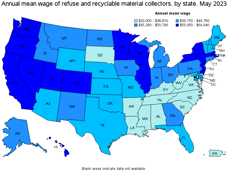 Map of annual mean wages of refuse and recyclable material collectors by state, May 2021