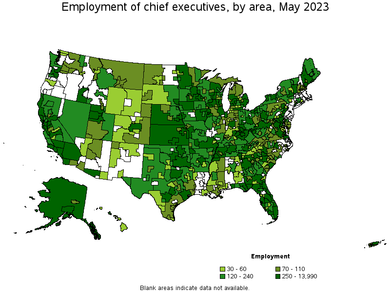 Map of employment of chief executives by area, May 2021