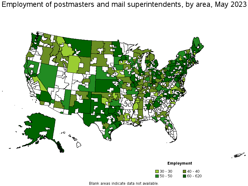 Map of employment of postmasters and mail superintendents by area, May 2023