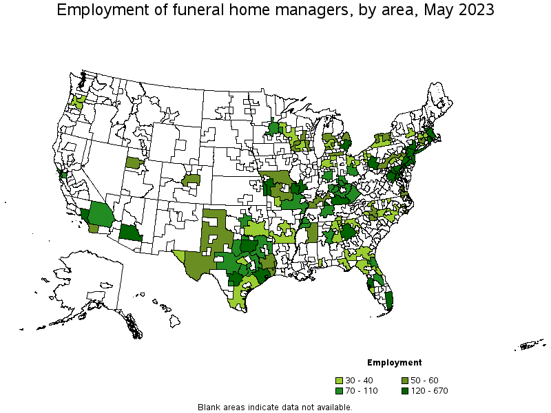 Map of employment of funeral home managers by area, May 2023
