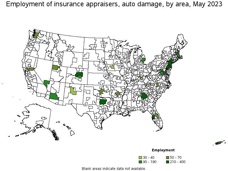 Map of employment of insurance appraisers, auto damage by area, May 2023