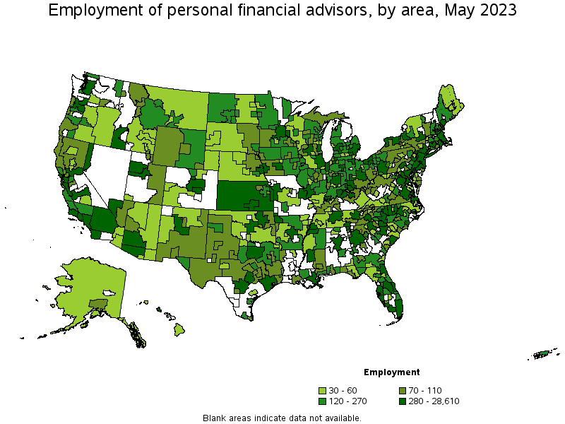 Map of employment of personal financial advisors by area, May 2021
