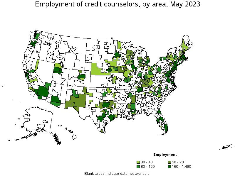 Map of employment of credit counselors by area, May 2021