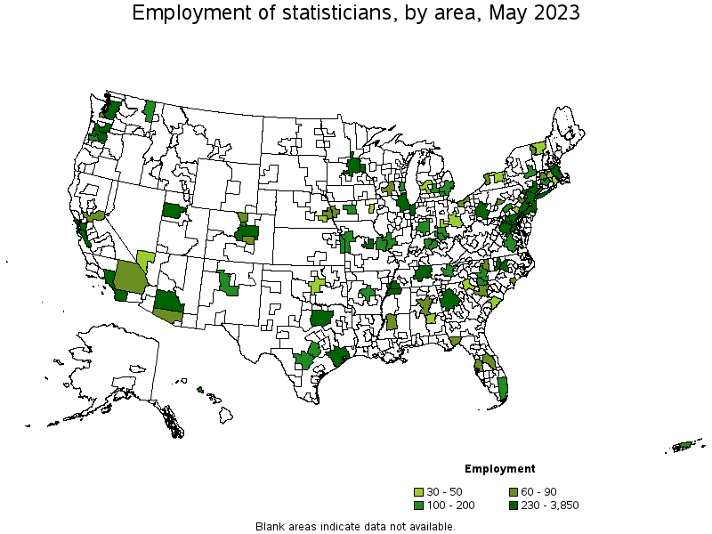 Map of employment of statisticians by area, May 2022