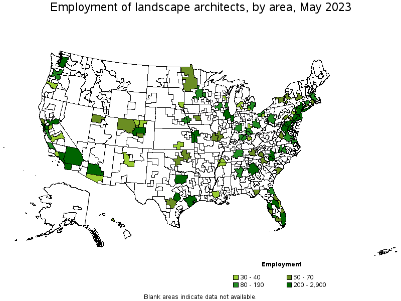 Map of employment of landscape architects by area, May 2022