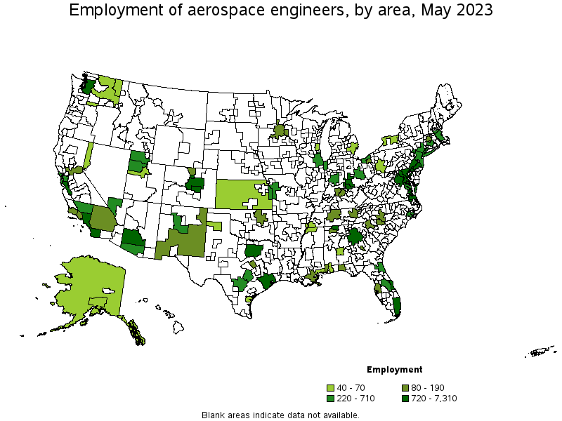 Map of employment of aerospace engineers by area, May 2022