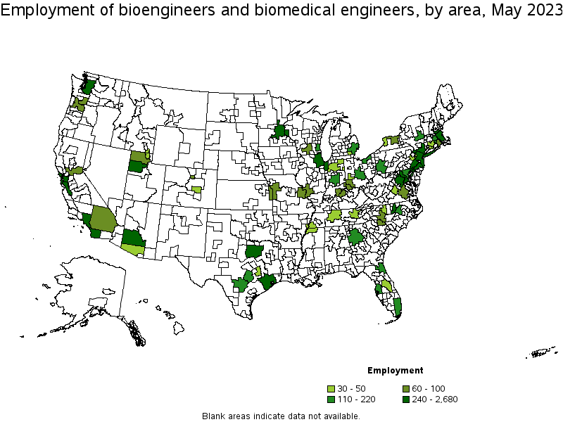 Map of employment of bioengineers and biomedical engineers by area, May 2021