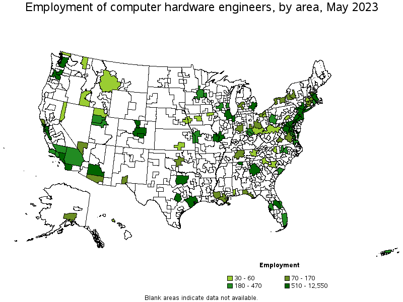 Map of employment of computer hardware engineers by area, May 2021